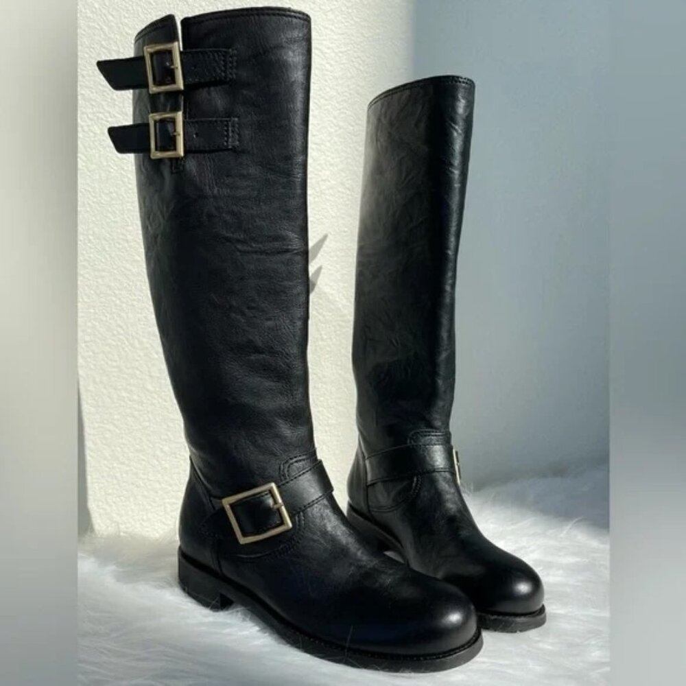 New! JIMMY CHOO Leather Black Tall Knee-High Biker Moto Riding Boot EU 38